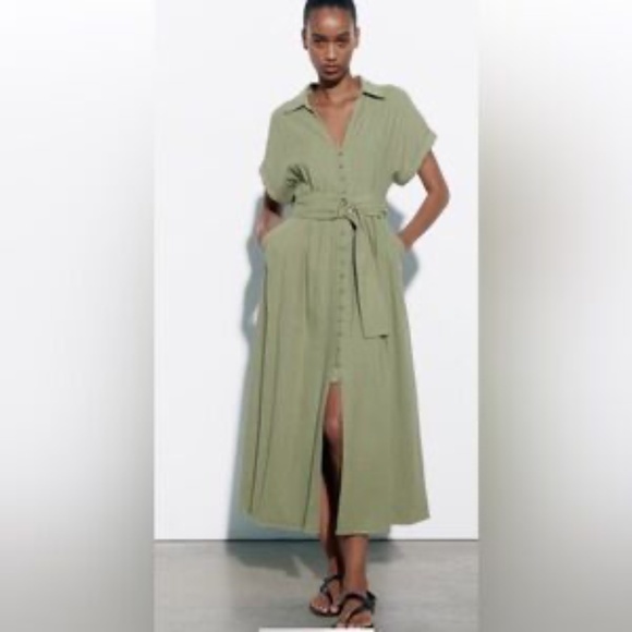 Zara Olive Green Linen Belted Midi Dress in Medium - Picture 5 of 11